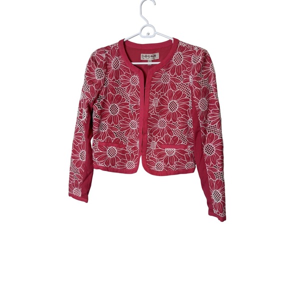 Dolan Jacket Womens XXS Pink Embroidered Lace Cropped Collarless Anthropologie